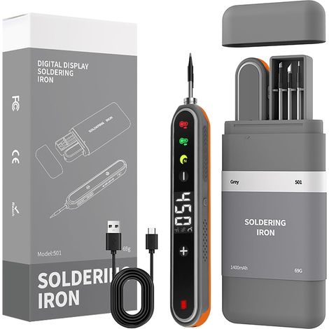 Kit de fer à souder sans fil USB-C à batterie 1400 mAh, Kit de fer à souder avec support, écran LCD,chauffe en 8s, 180–450 °C(Article 13) (1/5)