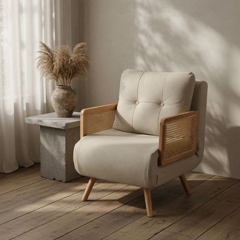 Fauteuil-lit 3-en-1, à la fois fonctionnel pour dormir et pliable, doté d'un dossier réglable sur 5 positions et d'accoudoirs en rotin,beige