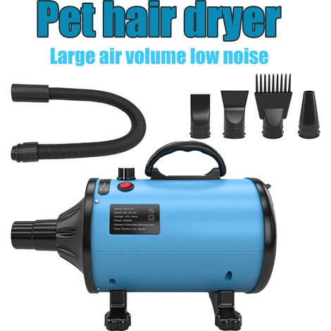 Hundehaartrockner, ideal für die Fellpflege Ihres Haustieres. Haartrockner mit Heizfunktion, einstellbarer Geschwindigkeit, 4 Aufsätzen, blau. Perfektes Geschenk zum Muttertag oder zu Ostern.