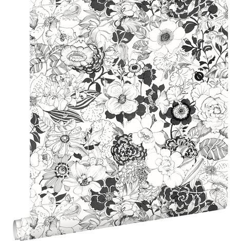 Papier peint à motif fleurs noir et blanc – Dimensions 53cm x 10,05m – Écologique avec encres à base d'eau – Facile à poser sans table à tapisser – Estahome