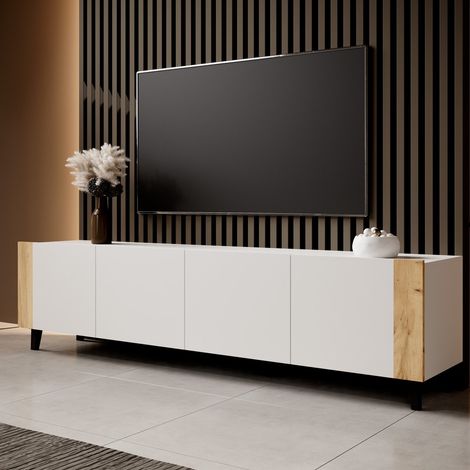 Meuble TV design blanc mat + bois 200 cm Tempo (1/3)