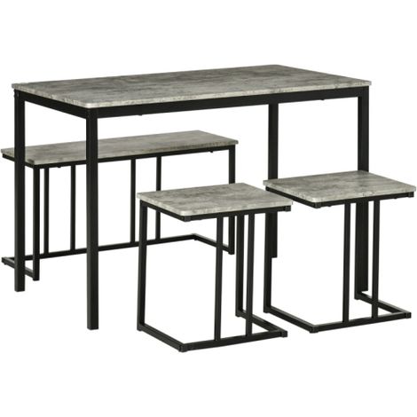 Concrete Effect Dining Table and Chairs Set for 4,Steel Frame Kitchen Table and Bench,4-Piece Grey Dining Room Furniture Set
