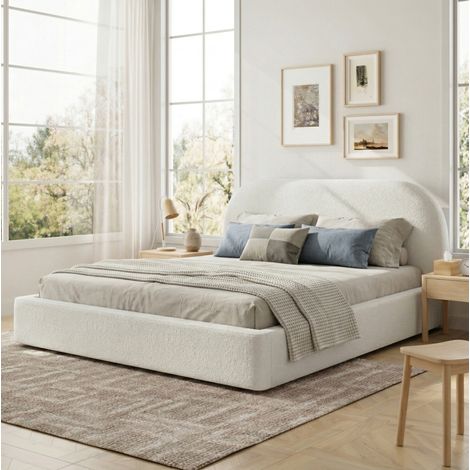 Bett 180x200 cm Beige Bouclé mit gepolstertem Kopfteil und Lattenrost (1/5)