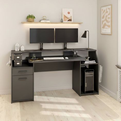 Dmora - Escritorio Mezzani, mesa de trabajo con 1 puerta y 1 cajón, ideal para oficina y gaming, 171x62 h89 cm, Gris (1/5)
