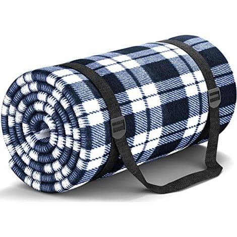 Couverture de pique-nique 300x300cm, Couverture de plage imperméable sans sable, XXL pliable sangle, plage parc (Bleu-Blanc) (1/5)