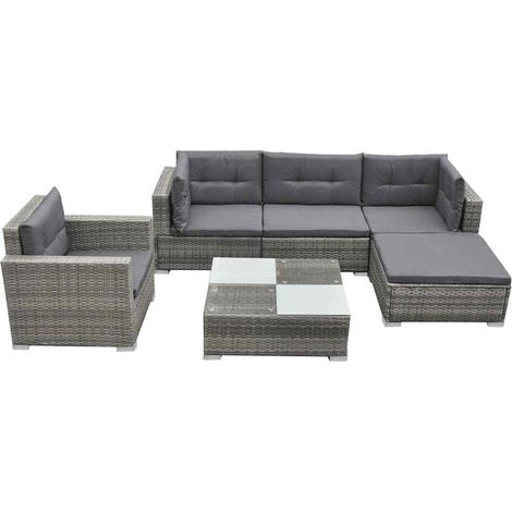 Salon de jardin 6 pièces en résine tressée grise avec coussins, table basse et fauteuil - PANGIVO (1/5)