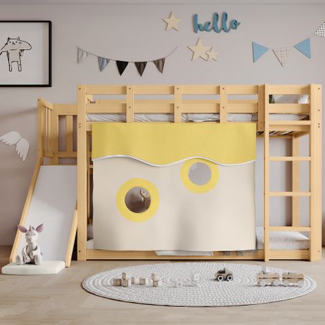 Etagenbett, Holzbett mit Treppe und Zäune, mit Bettvorhang, Rutsche, Kinderbett mit Fallschutz und Gitter, MDF+Kiefer