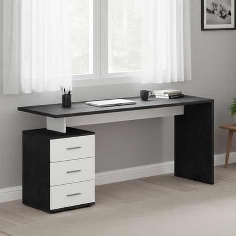 Bureau Siro, Bureau Linéaire, Bureau Polyvalent, Bureau Gain de Place Multi-Positions, 160x60h75 cm, Blanc et Ardoise (1/5)