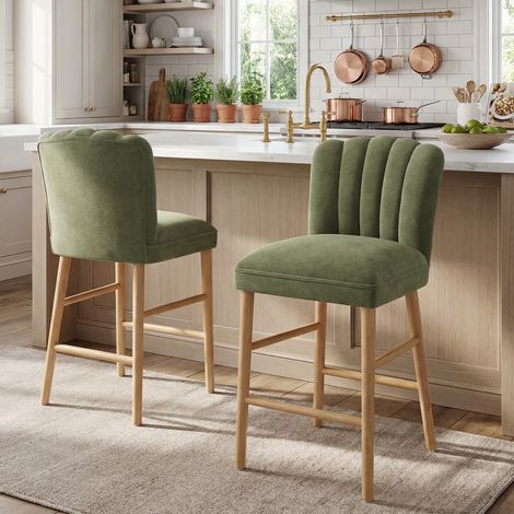 Wahson Lot de 2 Tabourets de Bar en Chenille, Tabourets Hauts Pieds en Bois, Chaises de Bar Moderne avec Dossier Matelassé en Coquillage pour Cuisine, Vert (1/5)