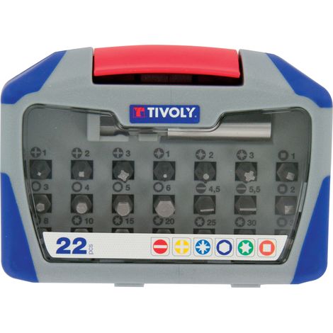 Tivoly • Coffret d'Embouts de Vissage Standard 22 pièces • 21 Embouts de Vissage + 1 Porte-Embout Magnétique • Attache Hexagonale Ø6,35mm