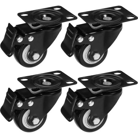 4-teiliges Set mit 4 Lenkrollen mit 40-mm-Platte und Bremse, robuste schwarze PVC-Räder, omnidirektional schwenkbar, für Möbel, Wagen und Stühle, Ersatzrollen
