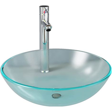 Lavabo vasque à poser Luxueux, Bac à laver, avec robinet et drain à poussoir Verre trempé OIB5658E (1/5)