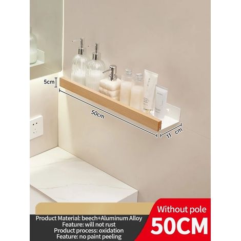 (Blanc 50 cm) Étagère d'angle en bois et aluminium pour salle de bain, rangement pour shampoing, étagère murale de douche (1/5)