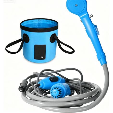 Douche de voiture portable extérieure 12 V CC, bleue (avec seau d'eau de 20 L)