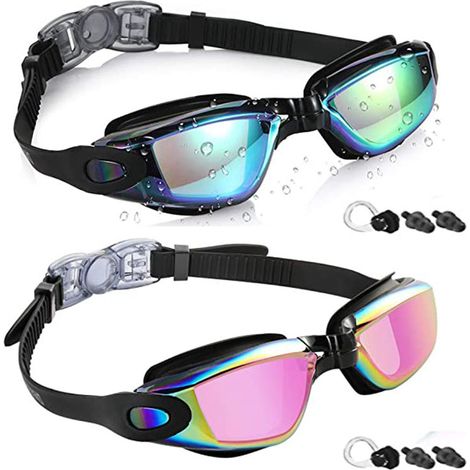 Lot de 2 lunettes de natation pour adultes et enfants plus âgés – Revêtement miroir doré et rose, imperméables, anti-buée, comprenant des bouchons d'oreille en silicone et un pince-nez (1/5)