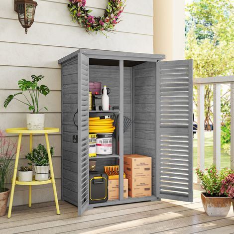 Armoire de jardin en bois gris 75x50x118cm, 2 tablettes, toiture bitumée, portes à persiennes verrouillables, rangement pour outils extérieurs