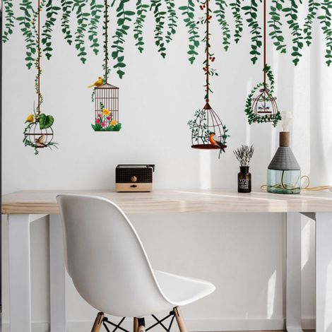 Stickers muraux amovibles motif oiseaux, vigne, branches d'arbre, cage à oiseaux, plantes, papier peint jungle pour la décoration de la maison, de la chambre et du salon. (1/5)