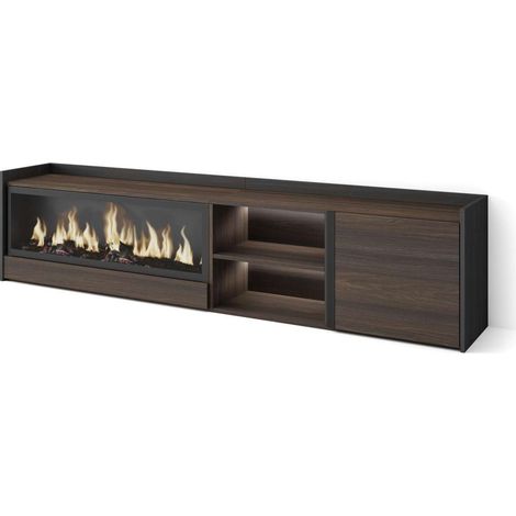 Mueble TV Nerja-01 de 212x50x35 cm con chimenea y luces LED XXL, color roble oscuro y negro (1/4)