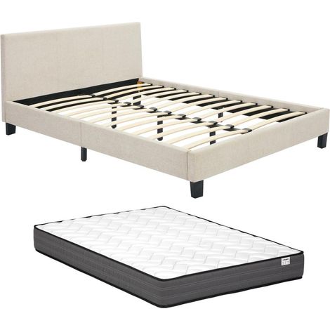 Lit 140 x 190 cm - Tissu - Beige + Matelas - CORNELIUS II (1/5)