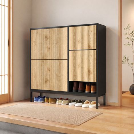 Mobile portascarpe con panca estraibile, 3 ribalte, 100 x 25 x 100 cm nero e legno HAVRYA (1/5)