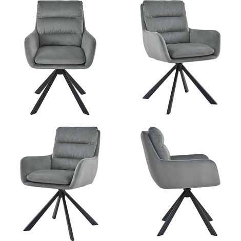 Bon Furni Velluto Sedia da pranzo Grigio Chiaro, Set da 4, girevole 360°, con schienale segmentato, braccioli e robuste gambe in metallo