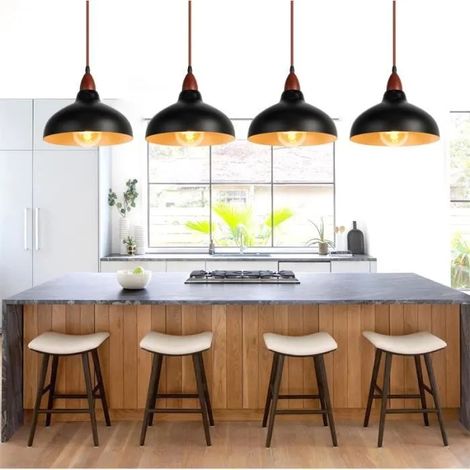 Yowei Lot de 4 Retro Suspension Luminaire Industrielle Lampe Plafonnier Vintage en Bois de noyer pour Salon Chambre (1/4)