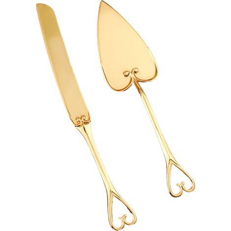 Ensemble de découpe de gâteau exquis, coupe-gâteau et pelle à gâteau pour la cuisine, les restaurants, les mariages, les anniversaires et les fêtes. Alliage de zinc doré en forme de cœur. (1/3)