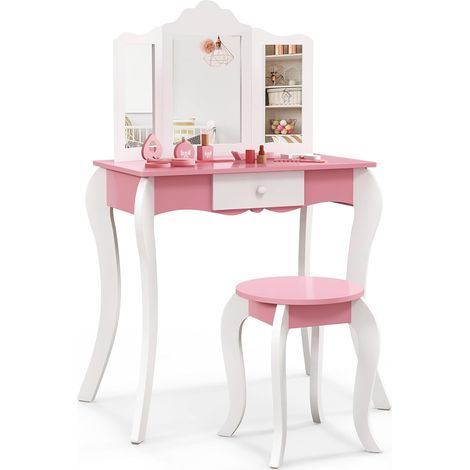 COSTWAY 2 en 1 Coiffeuse Enfants avec Tabouret & Miroir Amovible à 3 Volets, Table de Maquillage avec Tiroir & Dispositif Anti-basculement, Charge 70/50kg pour Enfants de 3 Ans+ (1/5)