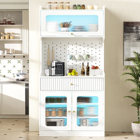 FLORAGRACE Buffet 80 x 40 x 180 cm en MDF blanc avec étagères réglables, tiroir, verre strié et LED, meuble de rangement pour cuisine (1/5)