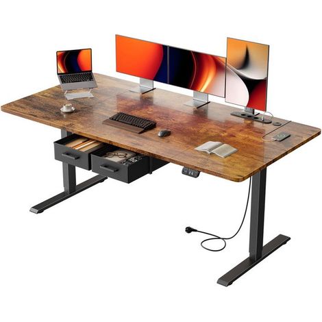 EcoFurnix Scrivania Elettrica Regolabile in Altezza, 160x80 cm, con Presa di Corrente Integrata, 2 Cassetti Rimovibili, Porta USB-C, Marrone