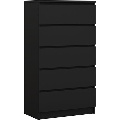 Commode 5 Tiroirs, Noir Mat, 70 × 39 × 125 cm