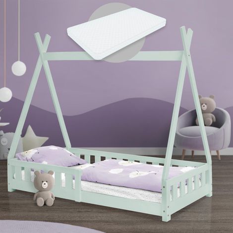 ML-Design Cama Infantil Tipi Verde Menta con Colchón 80x160 cm Protección Anticaída y Somier Estructura Listones de Madera Maciza de Pino para Niño Forma de Casa con Reja Cama Juvenil Juego Lecho de S (1/5)