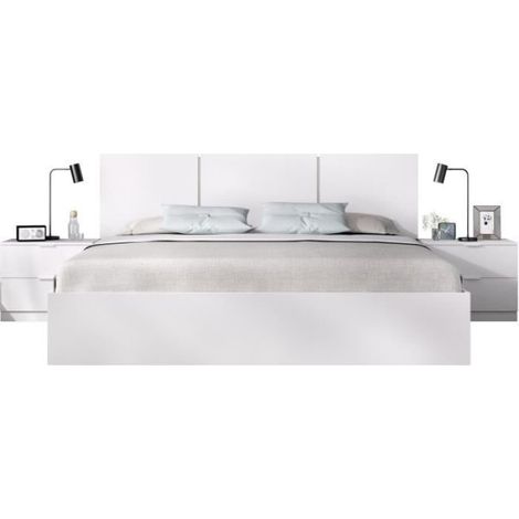 Ensemble structure de lit + tete de lit en 3 parties et 2 tables de nuit avec 2 tiroirs - HAVANA - 140 x 190 cm - Blanc (1/4)