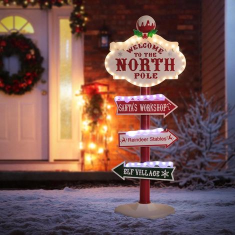 ECD Germany Decoración de Navidad Indicador LED 95 cm, Letrero del Polo Norte con 4 Tablones Rotulados de Interior/Exterior, Adorno de Plástico Iluminado de Colores, Señal Navideña Santa para Jardín (1/5)