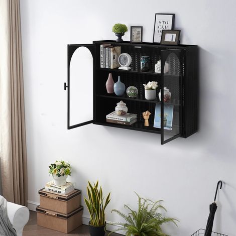 Armadio a parete 2 ante in vetro temperato 70 x 23 x 60 cm, 3 livelli, metallo nero OKWISH (1/3)
