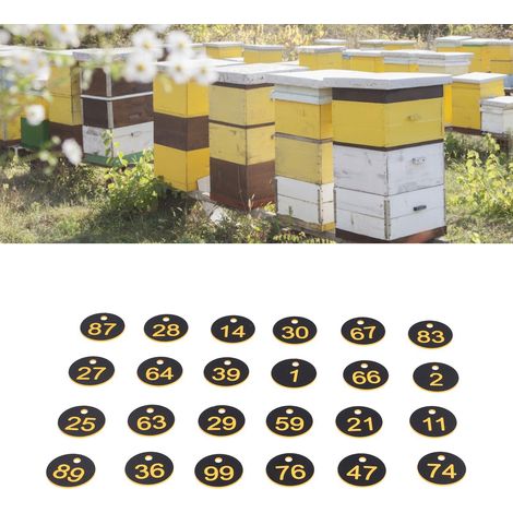 100 runde, nummerierte Etiketten mit Loch für Bienenstöcke, Imkerzubehör (schwarz und gelb) (1/5)