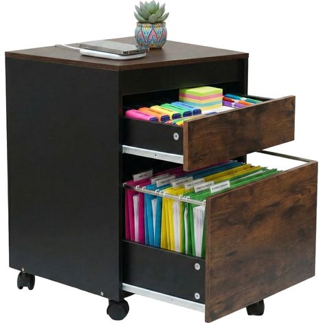 Contenitore su rotelle Relaxdays, 2 cassetti (1 per cartelle sospese), HLP: 57 x 40 x 40 cm, da scrivania, marrone/nero