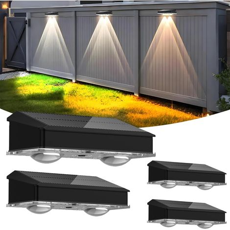 Lot de 4 Lampes Solaires Extérieur Mur, Applique Murale Solaire IP65 Étanche avec Technologie Lentille, 3 Modes de Couleur, Éclairage LED pour Jardin, Clôture, Terrasse, Escalier