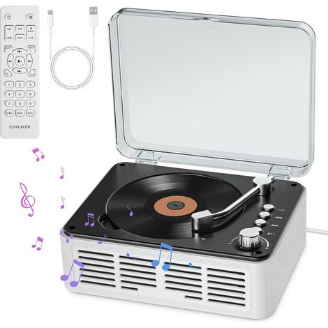 Lecteur CD avec Enceintes Son Stéréo HiFi, Lecteur de CD Vintage Bluetooth pour la Maison, Lecteur CD avec Radio FM et Télécommande, Prend en Charge la Lecture Via USB/AUX/Type-C (Blanc) (1/5)