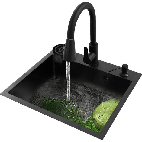 Évier de cuisine, 50 cm x 45 cm, robinet extractible, acier inoxydable, distributeur de savon 300 ml, sortie de drainage 110 mm (1/5)