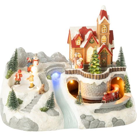 Village de Noël "Train & Patinoire" 28cm Multicolore
