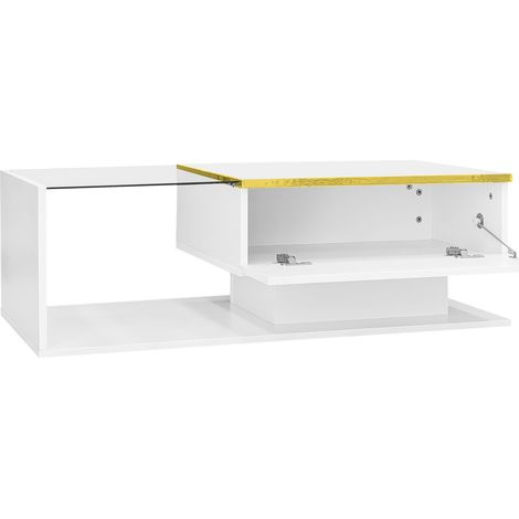 Tavolino da caffè bianco lucido 100 cm con piano in vetro e LED (1/5)