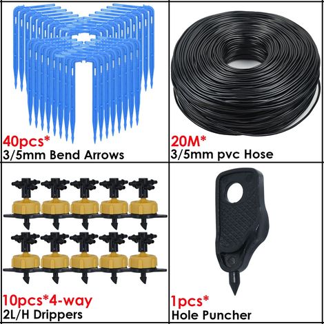 (KSL01-KIT029-2L-4WAY) Système d'irrigation goutte à goutte pour serre, 4 voies, 3/5 mm, 2 voies, avec émetteur fléché. Système d'arrosage automatique pour plantes en pot. (1/4)