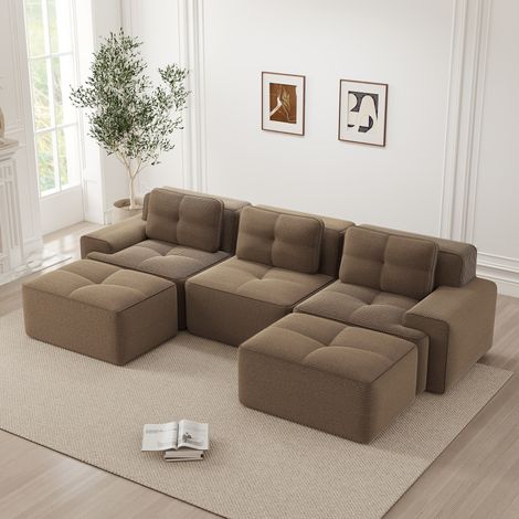 Canapé modulable Cloud en U sans armature, avec pouf, velours côtelé marron pour séjour, 3 places, sans assemblage (1/5)
