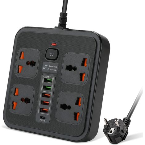 Multiprise universelle à 4 prises avec ports de charge USB et Type-C, protection contre les surcharges, noire (1/5)