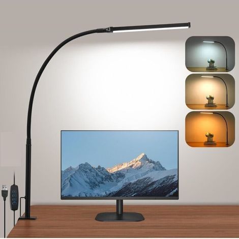 LED-Schreibtischlampe, 3 Farbmodi, 10 Helligkeitsstufen, mit Klemme, 360° verstellbarer, flexibler Schwanenhals, Leselampe (Schwarz) [Energieklasse F] (1/4)