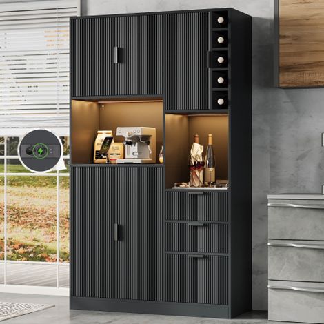 Mobile da cucina moderno, alto, con ripiani regolabili, 3 cassetti, portabottiglie, illuminazione a LED a colori variabili e prese elettriche, 180 × 105 × 40 cm.