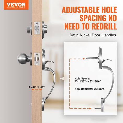 Poignée de Porte d’Entrée avec Pêne Dormant Serrure pour Porte sur Rosace avec Bouton Intérieur Réversible Droite-Gauche Espacement des Trous Réglable pour Chambre Salle de Bain Nickel Satiné (1/5)