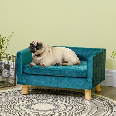 Petit canapé pour chien 64x45x36 cm, recouvert de velours, avec coussin lavable et pieds en bois de bouleau bleu-vert (1/5)