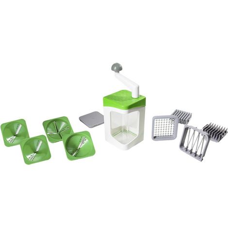 Genius Nicer Dicer Julietti - Affettatrice a spirale, 13 pezzi, con taglierina a cubo, set per spirali e dadi, contiene 7 inserti di taglio e contenitore di raccolta 1200 ml, verde (1/5)